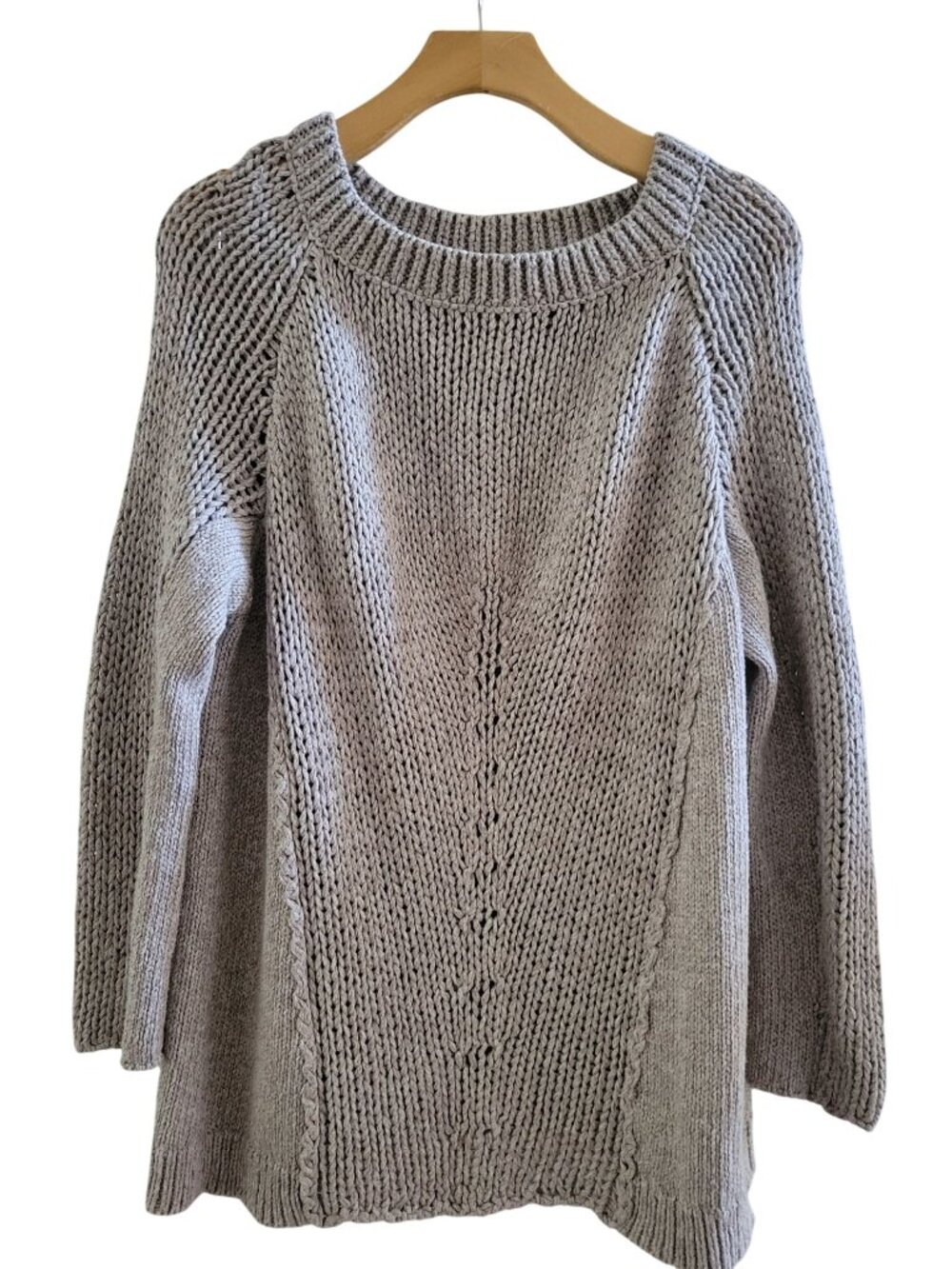 Peruvian Connection Beige Taupe Cable Knit Raglan Sweater size Large Fishermen